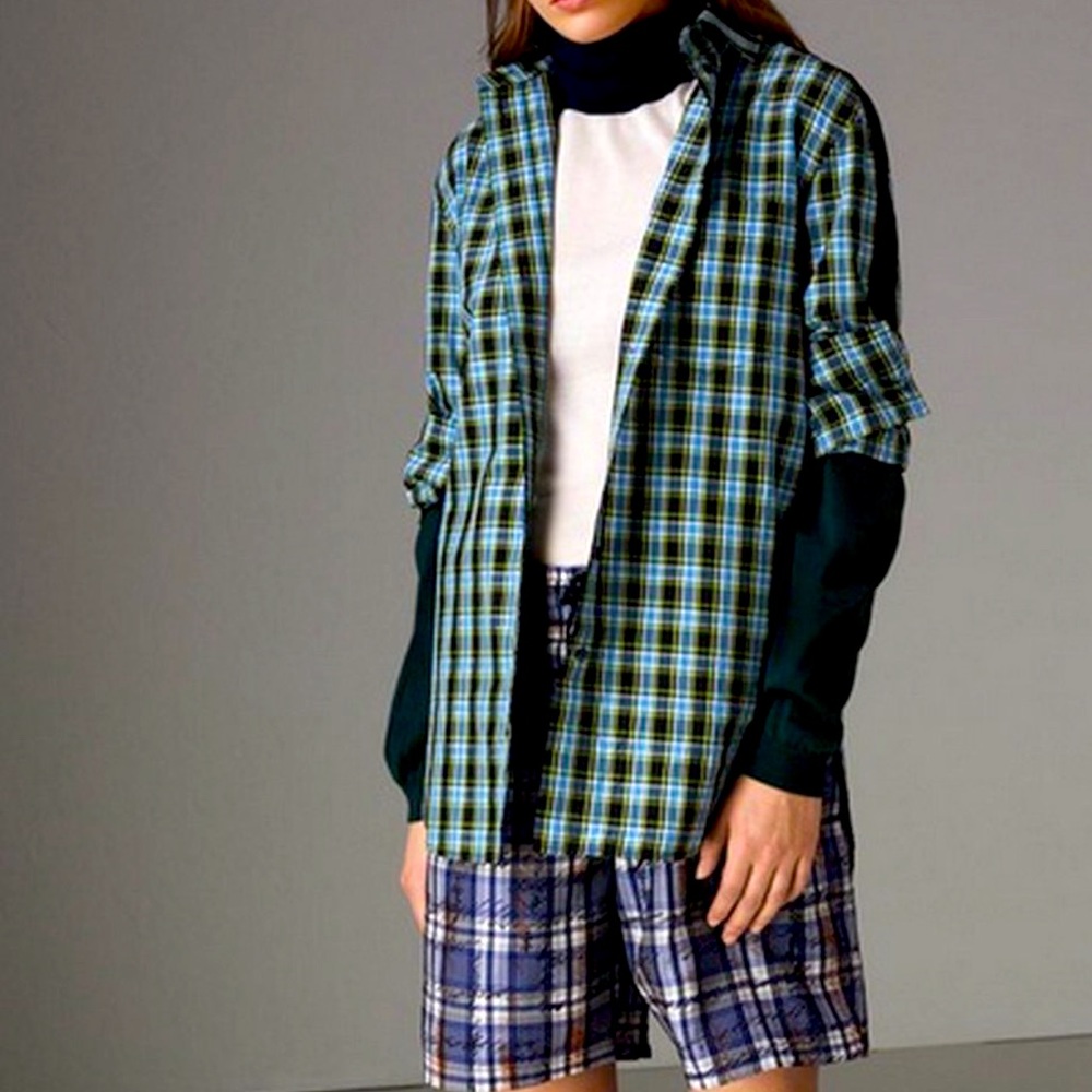 Burberry Saoirse Plaid Long Sleeve Silk Trim Button Shirt Azure Blue